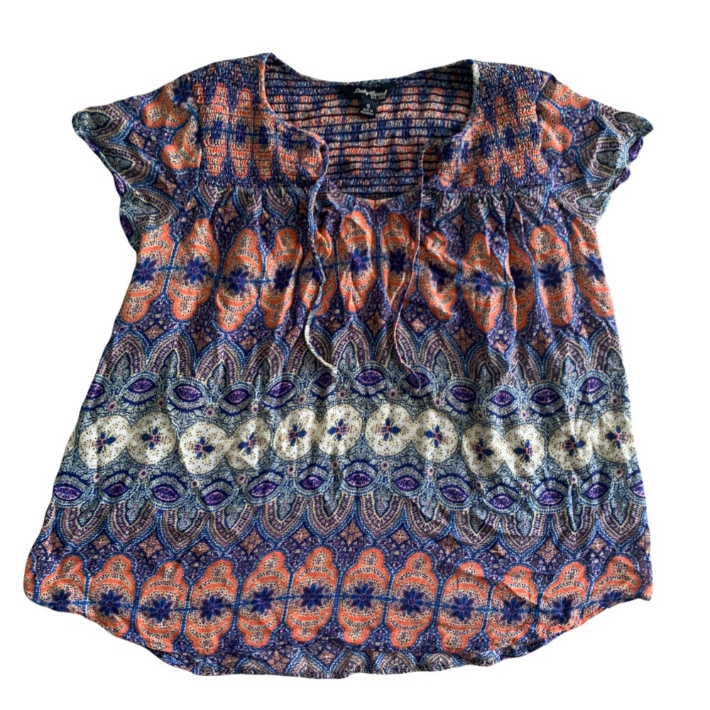 Lucky Brand Smock Boho Shirt Orange Blue Size Small